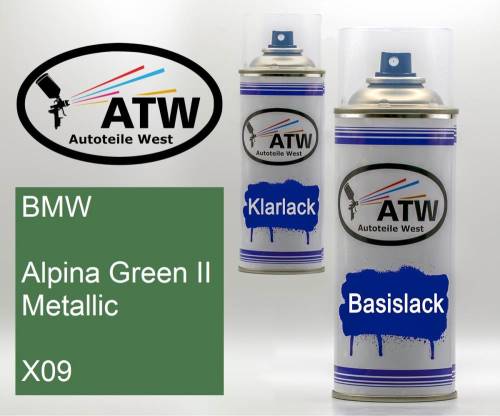 BMW, Alpina Green II Metallic, X09: 400ml Sprühdose + 400ml Klarlack - Set, von ATW Autoteile West.